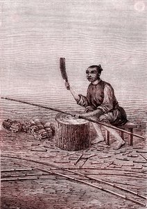 Schneiden der kleinen Bambusstücke, Papierherstellung in China (3. Jahrhundert v. Chr.) (Gravur) von Unknown Artist