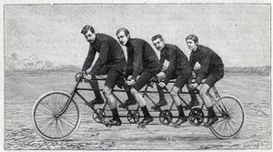 Cyclist on a bicycle called “quadruplette gladiator”. Engraving in “” La Nature”” av Unknown artist