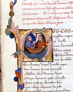 Dante Alighieri: Guddommelig komedie (guddommelig komedie) begynnelse av skjærsilden. Dante og Virgil. manuskript fra 1300-tallet. Milano bibl. Trivulziana av Unknown artist