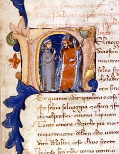 Dante og Virgil ved inngangen til helvete. (lettrine "" N "") Incipit of Hell of a Divina Commedia (guddommelig komedie) fra 1300-tallets Milano, Trivulziansk bibliotek. (Midt på livets reise ...) av Unknown artist