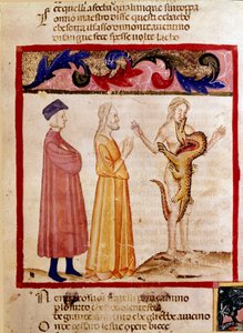 Dante og Virgil møter sjelen til en synder som er dømt til å bli slukt av en drage. Opplyst side som illustrerer en helvetesang er hentet fra "Divina Commedia" av Dante Alighieri (1265-1321). 1300-tallet, Venezia, Biblioteca Marciana av Unknown artist