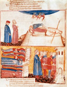 Dante og Virgil møter sjelene til voldelig døde mennesker. Opplyst side som illustrerer en sang fra Antipurgatory fra "Divina Commedia"" av Dante Alighieri (1265-1321). 1300-tallet, Venezia, Biblioteca Marciana av Unknown artist