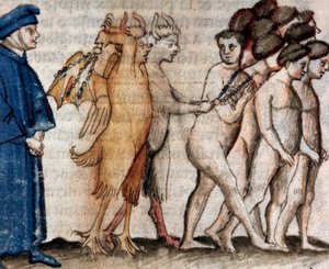 Dante møter Venedico Caccianemico i hallikenes sirkel (sang 18 fra helvete, i den guddommelige komedie) - miniatyr 1400-tallet av Unknown artist