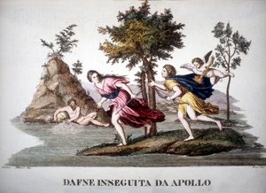 Daphne forfulgt av Apollon - i Mythological Dictionary av Unknown artist
