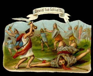 David and Goliath: David kills Goliath with his epee. 19th century chromolithography. av Unknown artist