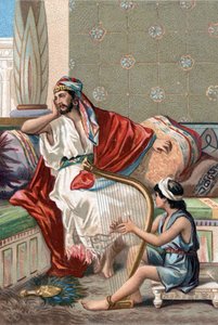 David playing the cithar in front of King Saul to appease him. av Unknown artist