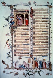 David truer av Saul. Allegori om grådighet. Nattverdens sakrament. Allegori om veldedighet. Miniatyr hentet fra salmen "Breviaire de Belleville"" av Unknown artist