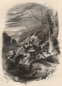 Død av Indutiomarus (Induziomaro) sjef for Trevires, drept av den romerske hæren i 53 f.Kr. Gravering fra 1868 i «Histoire de Belgique fra primitiv tid til slutten av regne av Leopold I»» av Theodore Juste (1818-1888). Privat samling. av Unknown artist