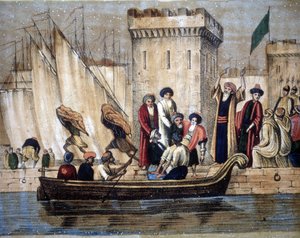 Avreise fra maurerne i Alger, etter koloniseringen av franskmennene, blir en alder eller syk mann lastet på en båt. 1800-tallet av Unknown artist