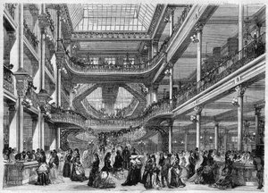 Varehus: utsikt over interiøret i "" Au bon marche"". Gravering i "" L'Univers illustrious"" av Unknown artist