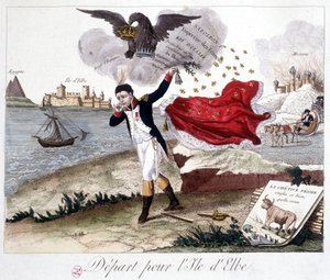 Avreise til øya Elba: Napoleon holder en klokke, en keiserlig ørn over som minner ham om titlene hans, Moskva i flammer i bakgrunnen, og i forgrunnen: Fable de Lafontaine: "" frosken som ville være større enn oksen """ (chétivet s av Unknown artist