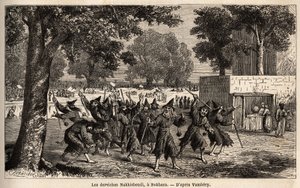 Dervishes Nakhisbendi, en persisk bokhara, Iran). Tegning av Emile Bayard (1837-1891), for å illustrere reisen til Sentral-Asia, i 1863, av Arminius Vambery (ungarsk vitenskapsmann forkledning i dervisj). Gravering i "" Le tour du monde"", redigert av Edou av Unknown artist