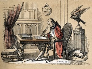 Description of different products and uses of paper: portrait of Georges Louis Leclerc, Count of Buffon, naturalist and writer (1707-1788) writing his Natural History. Plate “” Le papier et ses produits”” in “” les Recreations instructives”” Synoptique pai av Unknown artist
