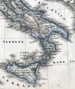 Detail of a geography map representing Southern Italy (Campania, Calabria, Sicily, Puglia, Molise Abruzzo regions). 19th century av Unknown artist