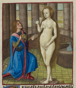 Detalj av en miniatyr av Pygmalion på knærne, ber om tilgivelse fra statuen. av Unknown artist