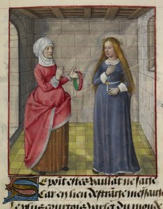 Detalj av en miniatyr av la Vieille (Duenna) og Bel Accueil (Fair Welcome), fra 