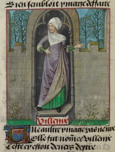 Detalj av en miniatyr av den allegoriske figuren til Vilenie (Villainy), i den andre kolonnen av folioen, fra 