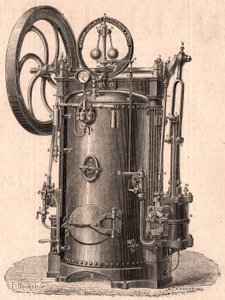 Detaljert teknisk bilde av en liten dampmaskin produsert i Paris i 1866: kjele, sylinder, stempel, koblingsstang og svinghjul av Unknown