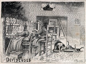 Devideuses - Atelier de Canut - interiør av et silkeveververksted i Lyon gravering i "Le Progres illustrious"" fra 1895 av Unknown artist