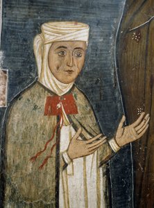 Troende Saramalyna Anastasia i klær fra 1300-tallet, freskomaleri i den bysantinske kirken Vår Frue av Asinou (1100-tallet) (Unescos verdensarvliste, 2001), Troodosfjellene, Kypros av Unknown artist