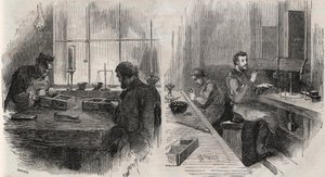 Diamantskjæring i et verksted i Nederland: kløvere og polere - Gravering i "" Le Monde Illustré"" av Unknown artist
