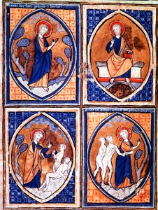 Ulike stadier av World Creation representert i mandorles. Miniatyr fra et manuskript fra 1200-tallet. Porto, kommunalt bibliotek av Unknown artist