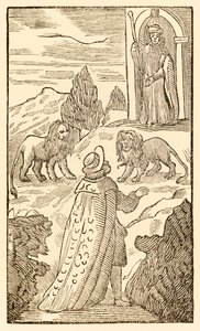 Vanskeligheten ligger bak, Frykt er før fra The Pilgrims Progress From This World, To That Who Is To Come av John Bunyan (1628-1688) Christian passerer mellom løvene mens Vakker portieren ser på av Unknown