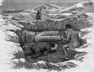 Discovered the colossal statue of Rhamses II. Hieroglyphs are calculated using a mirror reflection. Engraving from 1886. av Unknown artist