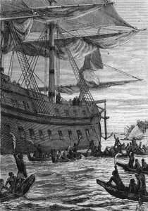 Discovery des Indes: reise til Wallis i Stillehavet; Innfødte skal møte Colons - i "" Les Voyageurs du 18eme et 19eme ecle", av Jules Verne, red. Hetzel et Cie, Paris. av Unknown artist