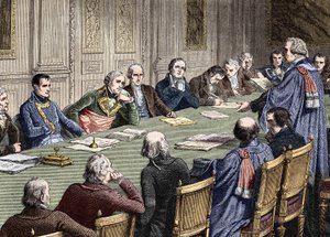 Diskusjon av Civil Code i statsrådet (1800-1804), under presidentskapet til den første konsulen, har Napoleon Bonaparte sin venstre Jean Jacques Regis de Cambaceres. Gravering av 1800-tallet. av Unknown artist