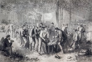 Fordeling av rasjoner til nordamerikansk militærenhet, USA, amerikansk borgerkrig, gravering av Unknown artist