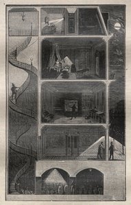 Domestic Electricite: Tverrsnitt av en bygning utstyrt med elektrisitet - Gravering fra "La Science francaise"" av Unknown artist
