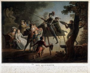 Don Quijote og Sancho på en trehest. av Unknown artist