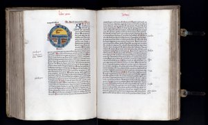 Dobbeltside med det skjematiske kartet over verden på T-O (TO) modellen, tre kontinenter er representert (Asia, Afrika og Europa). Manuskript "" Ethymologies"" (Etymologiae) av Isidorus (Isidore av sevilla) (560/570-636) 1100-tallet. 1472 av Unknown artist