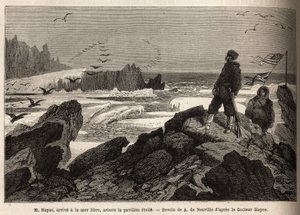 Dr. Hayes, ankommer det frie havet av den arktiske polen, formålet med ekspedisjonen hans, planter det amerikanske stjernebanneret. Gravering for å illustrere reisen til det frie havet på den arktiske polen, av doktor Hayes, kirurg ved den amerikanske mari av Unknown artist