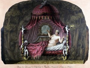 Tegning av en seng for bey di Roumelie, bosatt i Sophia, Bulgaria. En naken kvinne inviterer henne til å bli med henne. J. J. Lepreu. av Unknown artist