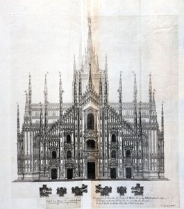Tegning av fasaden til Duomo of Milano som viser dens enhetlighet med bygningens kropp. Mange arkitektoniske prosjekter ble designet rundt 1600-tallet for å fullføre fasaden som hadde forblitt uferdig. av Unknown artist