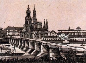 Dresden, Tyskland: utsikt over Augustus-broen i Dresden. i "" Verden illustrerer 168 visninger"" Udatert (slutten av 1800-tallet) av Unknown artist