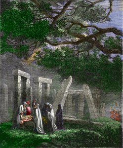 Druider som praktiserer et menneskeofring ved Stonehenge stoppet av romerske soldater - Menneskeofring av druidene en Stonehenge stopper ved de romerske soldatene under ritualet - Fargegravering fra 1800-tallet av Unknown artist