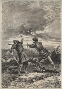 Duel and death of Oak Torquil - 1800-tallsillustrasjon for den historiske romanen "The Pretty Girl of Perth or Valentine