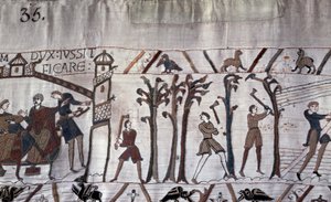 Hertug Guillaume beordret bygging av skip, trær ble hugget ned - Bayeux-teppe, kjent som Broderi av Dronning Mathilde av Unknown artist