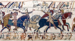 Duke William shows face to his army, Bayeux Tapestry (wool embroidery on linen) av Unknown artist