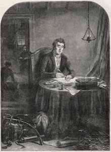 Duke of Wellington (Arthur Wellesley (1769-1852) Duke of Wellington) skriver utsendelse etter Waterloo, 19. juni 1815 - gravering 1852 av Unknown artist