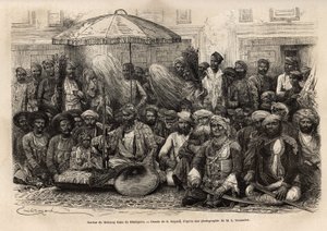 Durbar (feodalt og juridisk råd i en fyrstelig stat) av Maharaja Rana, fra kongeriket Dholepore (Rajasthan). Engravure pour illustrrer l'Inde des Rajahs, av Louis Rousselet, i 1864-1868, utgitt i "" Le tour du monde""" 1872, re av Unknown artist