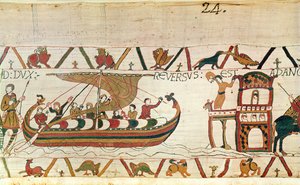 Earl Harold vender tilbake til England, Bayeux Tapestry (ullbroderi på lin) av Unknown artist