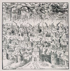 Jordskjelv i Baden - i "" Samling av 39 figurer som representerer ulykkene i Frankrike fra 1562 til 1586"; Louis Perrin trykking av Unknown artist