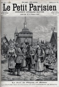 Påskedag i Russland: skikken med egg i Moskva-regjeringen. Seler av innbyggerne som tilbyr røde egg for å feire Kristi oppstandelse. Gravering i "" Le Parisien"" av Unknown artist