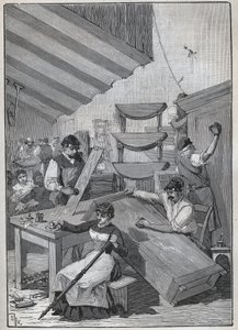 Snekkerarbeid: stempellakkeringsverksted. Gravering fra 1885 i «Les arts et professions illustrés»» av Adolphe BITARD. av Unknown artist