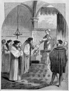 Edward VI (1547 -1553), King of England, presenting the certificate of Joan Bocher for Archbishop Cranmer av Unknown artist