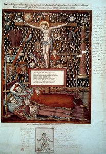 Skulpturer av Henrik I av Lorraine, 3. hertug av Guise (1550-1588) og av hans bror Ludvig II av Guise, kardinal av Lorraine (1555-1588) myrdet i Blois 23. og 24. desember 1588 etter ordre fra Henrik III. Gravering av Paris fra 1500-tallet, B.N. av Unknown artist